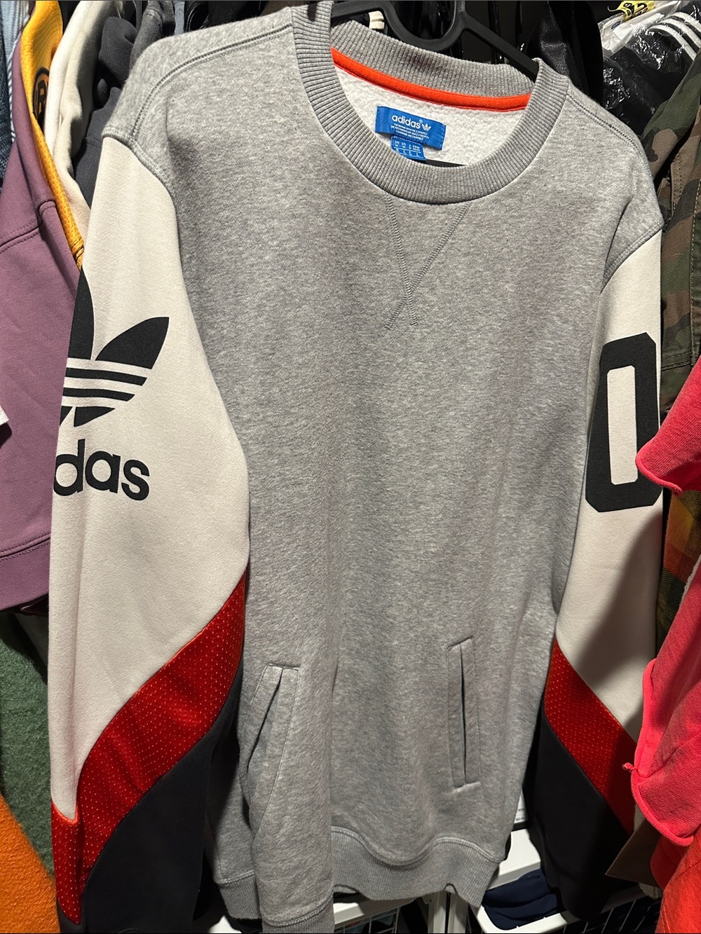 adidas Men's Grey Crewneck Sweatshirt with White, Red and Black Accents